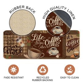 Hexagram Coffee Kitchen Rugs and Mats Set of 2, Coffee Decor Farmhouse Brown Decorations for Home, Brown Anti Fatigue Non-Slip Kitchen Decorative Mats 17x29-17x47 Inches