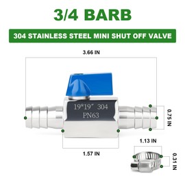 TAISHER 1PCS 304 Stainless Steel 3/4" Mini Ball Valve Shut Off Switch, 3/4" Hose Barb with 2PCS Hose Clamps