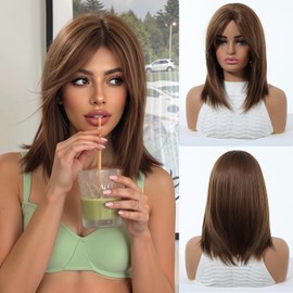 Esmee Short Straight Brown Bob Wigs With Curtain Bangs Shoulder Length Natural Wig Synthetic Daily Party Cosplay Wigs for Women