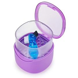 Caja de baño con tapa para dentaduras postizas moradas con tapa a prueba de fugas, soporte para dentaduras dentales, contenedor de limpieza, protector bucal, estuche limpiador para hogar, viajes, oficina