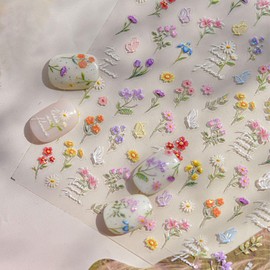 JMEOWIO 3D Embossed Colorful Flower Nail Art Stickers Decals Self-Adhesive 5D Summer Spring Floral Nail Supplies Nail Art Design Decoration Accessories 1 Sheets
