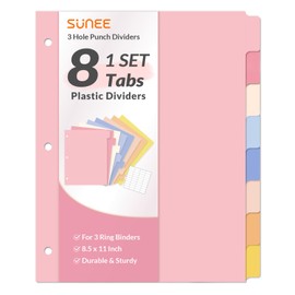 SUNEE 8 Tab Binder Dividers,Plastic Dividers for 3 Ring Binder,3 Ring Binder Dividers with Tabs for School Office Home Supplies,Pastel Color, 1 Set