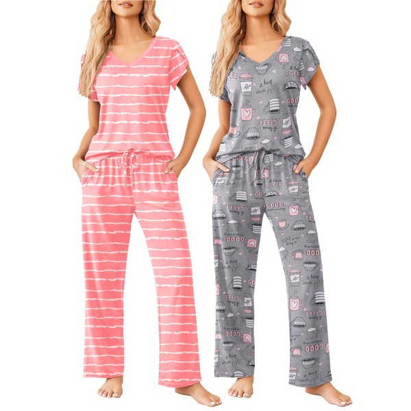 Ekouaer 2 Pack Womens Pajamas Short Sleeve Sleepwear Top with