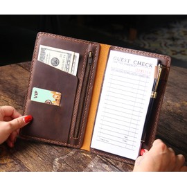 Server Book Organizer with Zipper Pocket, Genuine Leather Restaurant Guest Check Presenters Card Holder for Waitress, Waiter Accessories Fit Server Apron - Brown