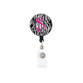 S Initial Zebra Pink - Retractable Badge Reel with Swivel Clip and Extra-Long 34 inch Cord - Badge Holder