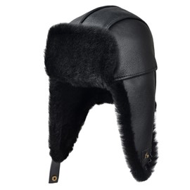 Leather Hats for Men Women Winter Warm Aviator Russianr Hat Shearling Sheepskin Hunting Hat,Black,S