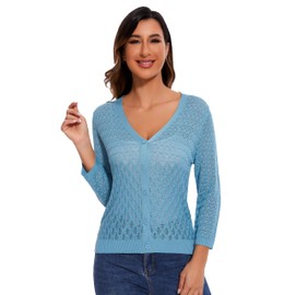 OPREXO Women's Lightweight Crochet Cardigan 3/4 Sleeve Cropped V Neck Button Shrug Knit Sweater Tops Peacock Blue