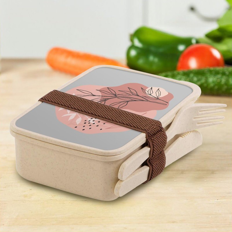 Lunch Box Lunchbox mit Besteck, Grau, einfache Blätter, minimalistisch, tropisch,