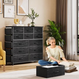 Black 12 Drawer Dresser for Bedroom, Fabric Dressers & Chests of Drawers with Side Pockets, Chest of Drawers for Closet, Living Room, Closet, Hallway