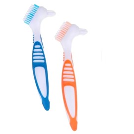DPWOUM 2 Pcs Denture Toothbrushes, Denture Cleaning Brush Set, with White Carrying Case, Ergonomic Rubber Handle & Multi-Layered Bristles for Denture Clean Care