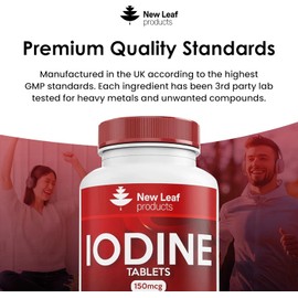 Iodine Tablets 100% RI - Vegan High Strength 180 Tablets Iodine Supplements, Natural Source of Iodine from Potassium Iodide, 6 Month Supply, GMO Free, Made in UK by New Leaf