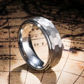 King Will Mens 8mm Silver Hammered Tungsten Rings for Men Domed Multi-Faceted Brushed Step Edge Engagement Mens Wedding Band 8.5
