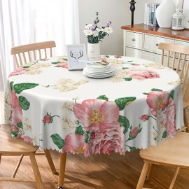 TTQYFNM Vintage Floral Round Tablecloth 54 Inch Peony Flowers Blossom with Green Leaves Table Cloth Washable Wrinkle Resistant Table Cover for Kitchen Dinning Holiday Party Wedding Picnic Decoration