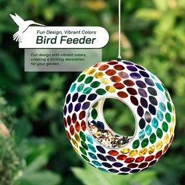 Glitzhome Hanging Glass Bird Feeder, 8" D Round Multi-Color Birdfeeder for Outside Hanging, Mosaic Wild Bird Feeder for Garden, Yard, Backyard, Deck and Porch Decorations
