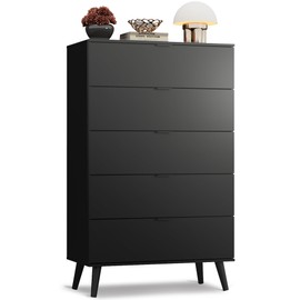 WLIVE 5 Drawer Dresser for Bedroom, Tall Wood Dresser, Black Dressers Storage Organizer with Sturdy Metal Handle, Chest of Drawers for Living Room, Hallway, Closet
