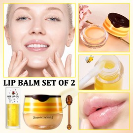 Honey Pot Lip Mask & Honey Lip Oil,Lip Sleeping Mask Set,Daily Hydrating Lip Mask,Moisturizing Lip Glow Oil Gloss for Dry Cracked Lips（2PCS)