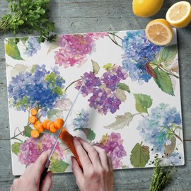 FIRST DAWN Glass Cutting Board/Counter Saver 12""x15"", Multi Hydrangea, Large