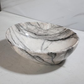 GLOBAOSALU White Marbling Oval Vessel Sink 16x13 Inch Bathroom Ceramic Sinks Above Counter Porcelain Basin Bowl for Modern Small Bathrooms Vanity Top Space-Saving Design (No Faucet,No Drain)