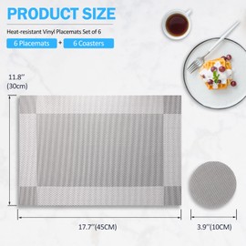 HEYOMART Placemats and Coasters Sets of 6, PVC Vinyl Table Mats Non-Slip Heat Resistant Washable Dinner Mats Place Mats for Kitchen Dining Table Home Restaurant, Grey