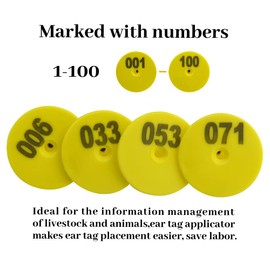 WMYCONGCONG 100 Sets Livestock Ear Tags Identification Tags Round Shape 1-100 Numbered with 1 PCS Pliers Applicator for Goats Sheep Pigs Dogs Yellow