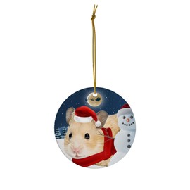 Festive Winter Night Pet and Snowman Ornament - Golden Hamster Christmas Ornament Circle Ceramic - Funny Holiday Xmas Tree Decoration Gifts for Hamster Lovers