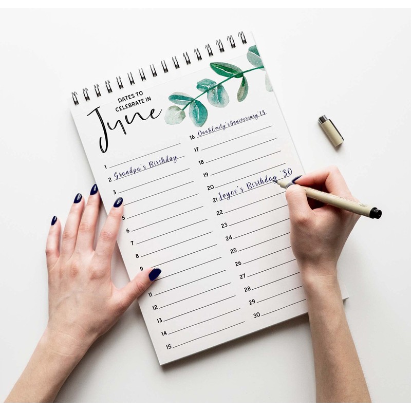 Inkdotpot Greenery Perpetual Calendar, Important Dates to Remember- 6x9 Monthly