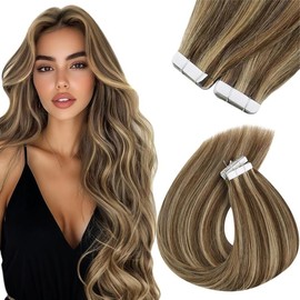 Sunny Tape in Real Human Hair hair extensions - Color: 1-#P4/27 Dark Brown Highlights Caramel Blonde, Size: 20Inch 50G