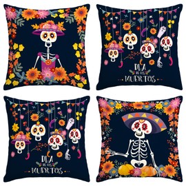 Day of The Dead Pillow Covers Dia De Los Muertos Throw Pillow Case Mexican Sugar Skull Marigolds Floral Decor Day of The Dead Decorations for Home Party