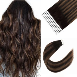 Sixstarhair Tape In Hair Extensions Human Hair Ombre Dark Brown with Medium Brown Balayage Highlights Color Silky Straight Tape Hair Extensions Real Human Hair 50g 20pcs [P2/6/2 22inch]