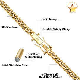 CG&KYGG 6mm Miami Cuban Link Chain 14K Real Gold Plated 316L Stainless Steel Solid Necklace for Mens Womens(Double Safety Clasp, Christmas or Birthday Gift)(6mm,18inch)