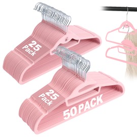 UEAKPIC Velvet Hangers 50 Pack, S-Shaped and Stackable Non Slip with 360°Swivel Hook, Ultra Thin and Space Saving Flocked, for Suits, Shirts, Coats, 15Lbs Capacity Heavy Duty, Pink