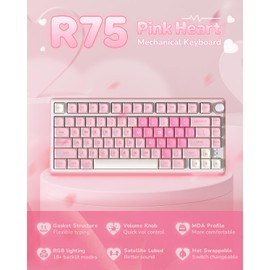 RK ROYAL KLUDGE R75 Mechanical Keyboard Wired with Volume Knob, 75% Keyboard Gasket Mounted, Hot Swappable, Creamy Sound, MDA Profile, PBT Keycaps, Pink