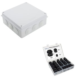 LeMotech ABS Plastic Dustproof Waterproof IP65 Junction Box White 7.9 x 7.9 x 3.1 inch and 28 Pack NPT 1/4" 1/2" 3/4" Cable Glands Kit