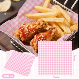 100pcs Waxed Deli Paper Sheets, 7x7" Food Basket Liners for Sandwiches, Burgers. Pink Checkered Deli Wrap Wax Paper Sheets by Neyimqr
