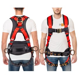 Palmer Safety Fall Protection Full Body 5 point Harness, Padded Back Support, Quick-Connect Buckle, Grommet Legs, Back&Side D-Rings, OSHA ANSI Industrial Roofing Tool Personal Equipment (Red - XLG)