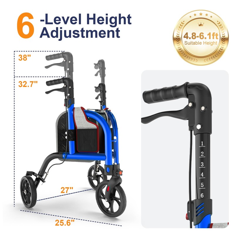 SUCCU 3 Wheel Walkers for Seniors, Foldable Narrow Wheeled Rollator,