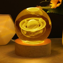 Vicloon 3D Saturn Planet Night Light, 3D Planets Crystal Ball with Wooden Base, Space Galaxy Crystal LED Night Light for Tabletop, Birthday Gift, Anniversary Home Decor