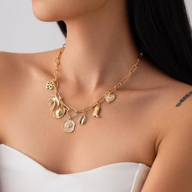 Travel Artisan Gold Chunky Charm Necklace Paperclip Necklace for Women,Statement Paperclip Chain Necklaces Heart Pendants Cow Flower Fashion Choker Necklace(Gold Charm)