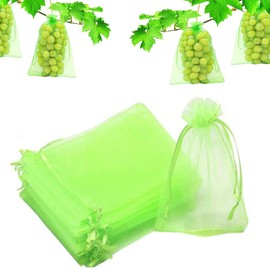 100 Pcs Fruit Protection Bags, CAASFOOY 6.7×9inch Fruit Grape Protective Bag, Drawstring Fruit Bags Breathable Fruit Mesh Bag for Protecting Fruit from Birds and Insects (Green)