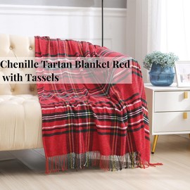 Saukiee Christmas Blanket Plaid Throw Blanket for Couch with Tassels Tartan Chenille Throw Fringe Sofa Bedroom Christmas Blankets and Throw Decor 50 * 60inch