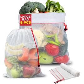 8 Pack Eco Friendly Reusable Mesh Produce Bags Washable Durable Mesh Produce Bags Drawstring with Colorful Tare Weight Tags