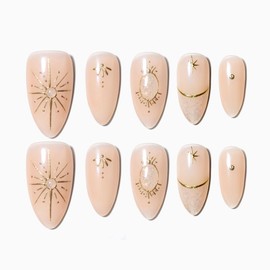 Sun&Beam Nails Handmade Nail Tips, Medium, Long, Almond, Flesh Color, Gold, False Claws, Ribbon Design, Stylish, Set of 10 (#099 L)