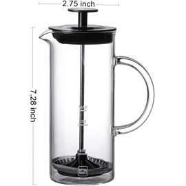 French Press，Handheld Milk Frother,Glasses Milk Foam Maker,Warm & Cold Milk,480ML,High Heat-Resistant,Manual Operation Frother for Coffee, Latte, Cappuccino, Frappe, Matcha, Hot Chocolate (White)
