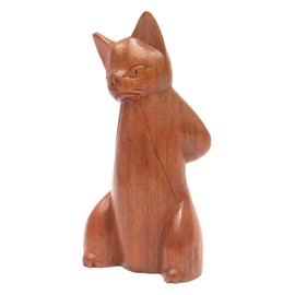Brave Wings Hand Carved Wooden Cat ~ Sweet Cat 15.5cm High ~ Ornament Sculpture Figurine Statue Unique Table Decoration Home Decor ~ 5423