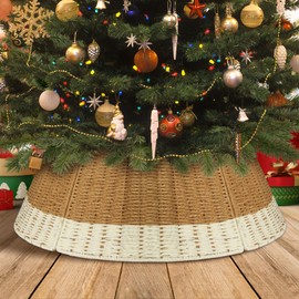 27in Wicker Christmas Tree Collar, Rustic Handmade Woven Christmas Tree Basket, Woven Wicker Tree Base Stand Cover, Weave Tree Stand Cover Holiday Decoration for 6ft 7.5ft 9ft Artificial Trees