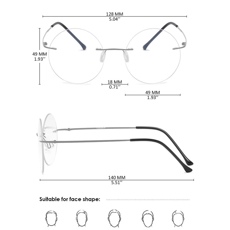 KOOSUFA Titanium Rimless Round Reading Glasses +3.0 Blue Light Blocking