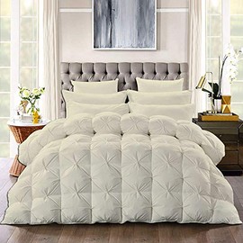 Wega Linen All-Season Luxury Pinch Pleated Pintuck Eastern King 116'' x 108''5 Piece Quilted Comforter Set Microfiber Fill Box Stitched with 4 Corner tabs Ivory