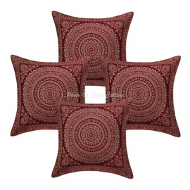 Stylo Culture Indian Decorative Throw Pillow Cushion Covers Maroon 16x16 Inch Gold Jacquard Weave 40 x 40 cm Brocade Bohemian Mandala Floral Zippered Bedroom Scatter Cushion Covers | Set Of 4