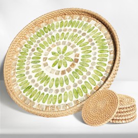 13.8" Large Round Rattan Tray with Mother of Pearl Inlay, Wicker Woven Tray Round Decorative Serving Tray for Coffee Table Decor Home Decor, 6 Rattan Coasters Included (Forest)