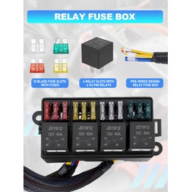 JURPLIX 12V Fuse Relay Box, Pre-Wired Fuse Box with 4 Relays and 12 Way ATC/ATO Fuses, Waterproof & Sealed 12 Volt Relay Fuse Box Block, for Car Trucks Marine Boat